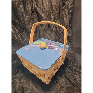 Vtg Hand Crafted Wood Basket Purse/Lunch Pail Blackberries Folk Art Granny Core
